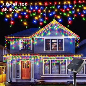 Lampu Raya Solar LED Icicle Lights Hanging Fairy Curtain String Light Eid Mubarak Lampu Decoration