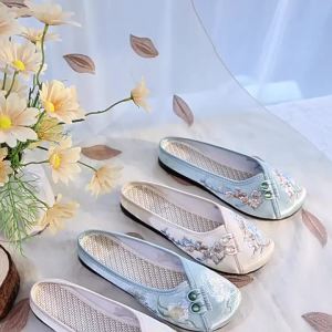 [Free Shipping] Yunmei Chinese-Style Slippers Satin Closed-Toe Flat-Bottom Ethnic Style Embroidered Shoes Embroidered Chinese-Style Slippers Soft-Soled WomenS Sandals