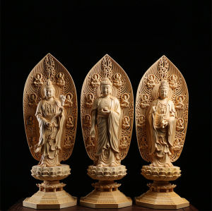 Large Amitabha Bodhisattva Guan Yin Statue - Exquisite Wood Carving of Three Standing Buddha Statues Perfect Feng Shui Wealth Buddha for Home Decoration Symbolizing Compassion Prosperity and Spiritual Enlightenment