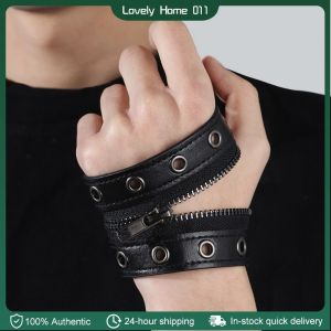 Adjustable 6cm Width Gothic Leather Bracelet Zipper Punk Rivet Wrap Bracelets