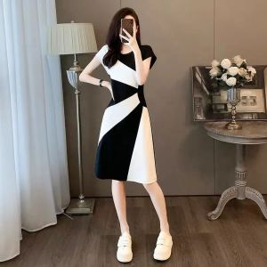 French Fashion Black and White Patchwork Womens Round Neck Dress Summer Temperament Casual A-line Skirt