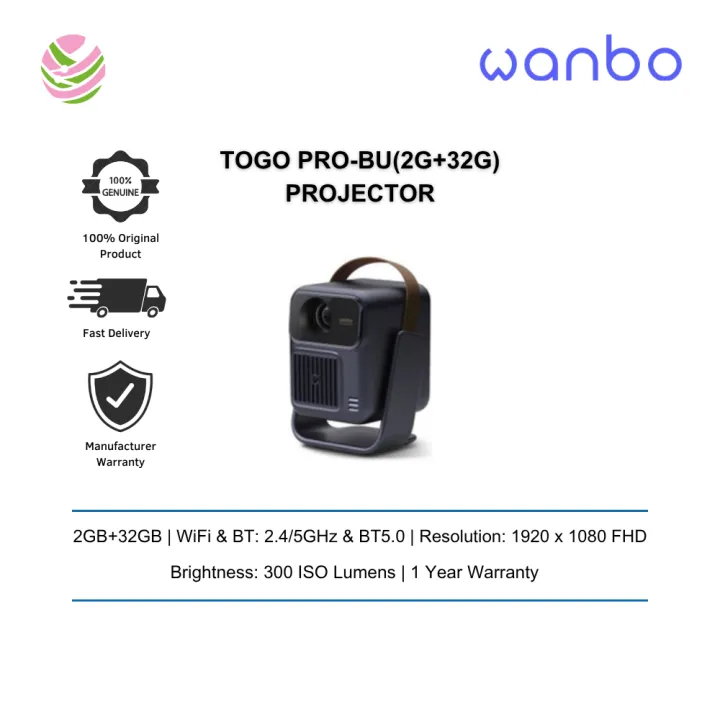 WANBO Projector (ToGo Pro)-Android 14, Battery Buit in Battery 1080P, 2G+32G Auto-Focus Blue