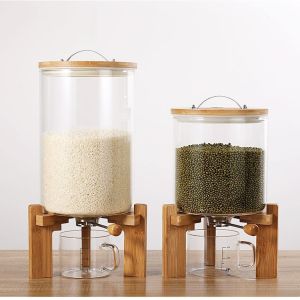 5L/7.5L Rice Dispenser Borosilicate Glass with Bamboo Lid Food Storage Container Grains Rice Storage with Cup