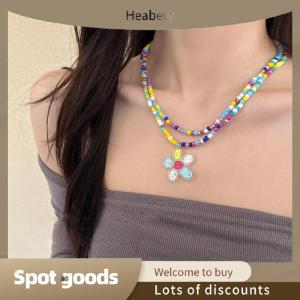 Heabety Fashion Double Layer Colorful Beaded Flower Pendant Necklace For Girls Women Handmade Beads Choker Bohemian Necklace Jewelry Gift
