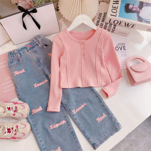 Bear Leader Baby Girls Clothing Set 2023 New Spring Autumn Korean Version Round Neck Waistband Top+letter Jeans Two Piece Set