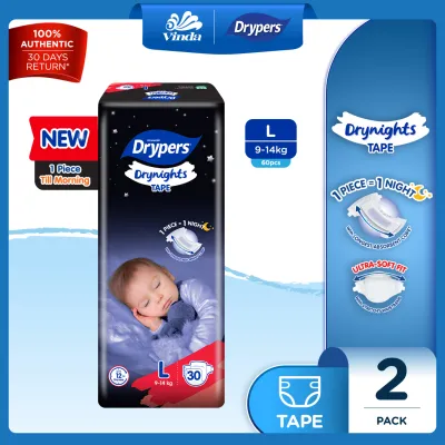 Drypers Drynights Tape Baby Diapers M30s / L30s (2 Packs) - Overnight Protection