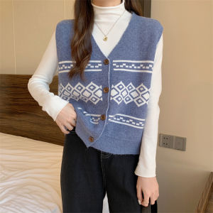 Cherry 1995เสื้อกั๊กไหมพรม แบบสวมหัว สไตล์ย้อนยุค เสื้อกั๊กแขนกุด ผ้าถัก น่ารัก เสื้อกันหนาวแฟชั่นเกาหลีผู้หญิง