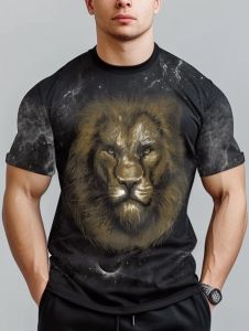 2026 Mens Lion Graphic Short-Sleeved T-Shirt 3D Printed Summer Round Neck Casual Versatile Daily Party Oversize Clothing Man