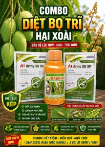 Bộ đôi diệt trừ Bọ Trĩ gây hại xoài [1 chai EXCEL BASA 50EC (450ml) + 2 gói AT ARMY 50SP (100g)]: không nóng bông bám trái bảo vệ lộc non hoa và trái non
