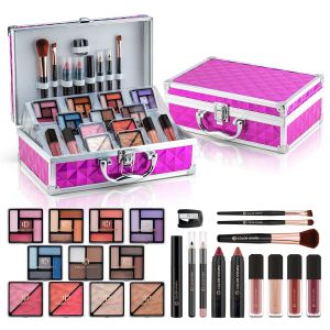 Color Nymph Starter Makeup Kit for Tweens Girls Train Case for Women Full Kit with Eye Shadow Lipstick Blush Brushes Lipgloss Mascara Brow Wax and Mirror Pink Full Starter Cosmetics Set