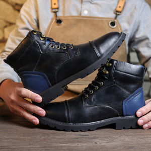 QBELY New Mens Leather Boots Handmade Vintage Brown High-Top Work Boots Lace-Up Casual Shoes Outdoor Winter Fall Shoes