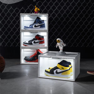 Fans tone Shoe Boxes Voice Control LED Sneaker Storage Boxes Magnetic Side Open Shoe Display Case Organizer Clear Plastic Shoe Container