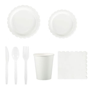 ใหม่ ธีมลูกไม้สีขาว ตกแต่งธีมงานเลี้ยงวันเกิด เครื่องใช้บนโต๊ะอาหารแบบใช้แล้วทิ้ง จานกระดาษ ผ้าขนหนู ถ้วยกระดาษ มีด ส้อม ช้อน