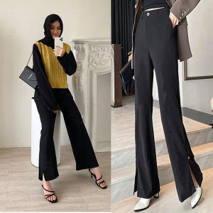 Women Elegant Vintage Zipper High Waist Bootcut Pants Plus Size Flare Wide Leg Bell Bottom Casual Bootcut Panjang Korean Fashion Workwear OL Office Muslimah Tulang Pants