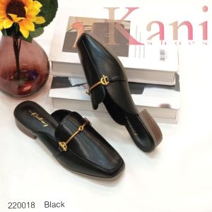 รองเท้าแฟชั่น งานพรีเมี่ยมส้นสูง 1 นิ้ว ทรงหัวตัด เปิดส้น ประดับโลหะเส้นคาดทอง หนังนิ่มใส่สบาย