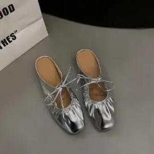 Ballet flats women Leather Shoe Women Narrow Band Silver Flats Bling Bling Gold Round Toe 2026 Spring Footwear