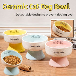 Ceramic Cat Bowl High Footed Not Wet Mouth Anti Spill Pet Bowl Cartoon Pattern Neck Protector Pet Feeding Basin