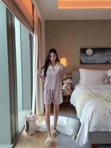 Spring High-Grade Artificial Silk Thin Pajamas Womens Lapel Cardigan Three-Piece Set Sweet Fairy Style Home Wear Suit ㏇L0514