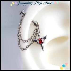 【Jumpping】 ต่างหูเจาะห่วงโซ่เพทายสีแดงสำหรับผู้หญิงผู้ชายเครื่องประดับ Y2K ต่างหูหมุดสีเงินแบบกอธิค