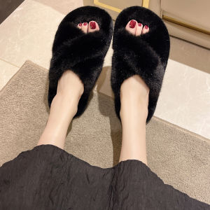 Free Shipping WomenS Cross-Strap Fluffy Slippers 2026 Summer New Fashion Plush Thick-Soled For Indoor And Outdoor Wear Available In Large Sizes