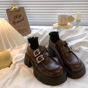 IELGY French metal buckle round toe platform sole suede shoes womens 2024 winter retro British style warm