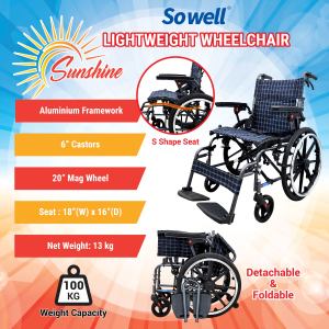 Sowell Aluminium Lightweight & Foldable Wheelchair with Flip-up Armrest & Backrest | Portable & Durable