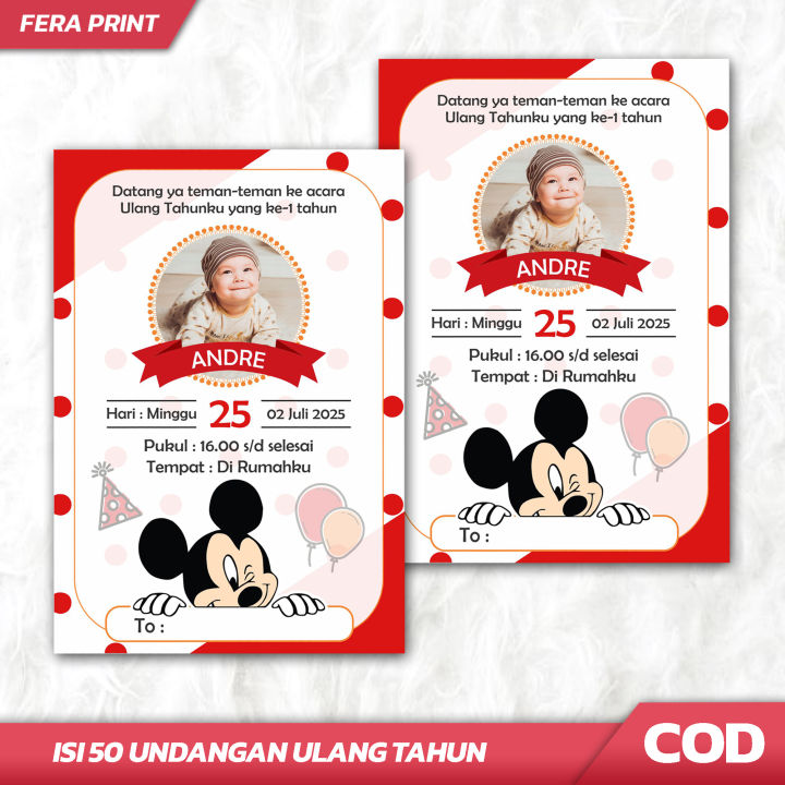 (ISI 50 PCS) UNDANGAN ULANG TAHUN TEMA MIKEY MOUSE / UNDANGAN ULTAH CUSTOM