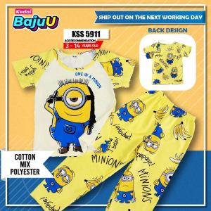 ✅【Kedai BajuU】3-14yrs old Minion Children Kids short sleeve tshirt + long pant┃cotton polyester blend