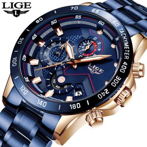 LIGE 2022 New Fashion Mens Watch Top Brand Luxury Stainless Steel Sports Chronograph Waterproof Quartz Watch for Men