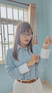 Áo Sơ Mi Nữ Kẻ Sọc Tay DàiTay Phồng Phối Cổ Trắng Cực Xinh AM84