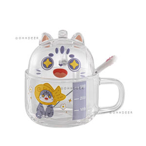 OHHDEER 350ML Cartoon Breakfast Glass Cup Household High-Value Milk Scale Cup Coffee Tea Cup With Lid & Spoon 卡通早餐玻璃杯子