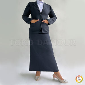 One Set Setelan Jas Blazer Rok Span Panjang Wanita Stelan Jas Kerja Kantor Cewe Polos Dewasa Anak Jaket Blezer Kancing Cewek Pakaian Formal Kantoran Dasar Hitam Abu Celana Pendek Line a Mini Rampel Jumbo Big Size Rompi Cardigan Kain Outer Perempuan Korea