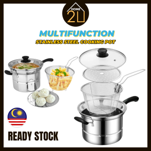 Home2U🏡 Stainless Steel Multi Usage Cooking Pot/Deep Fry/Steam/Stew (4 Pcs x 22cm)