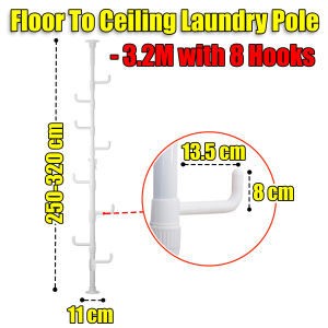 Floor to Ceiling Drying Pole Adjustable Standing Laundry Tension Rod with Hooks Multi-functional Drying Stand for Drying or Hanging Scarfs Hats Caps Towels Clothes Blouses Bags and Coats Suitable in Bedroom Balcony Living Room and Bathroom