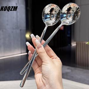 KOQZM Stainless Steel Spoon Korean Long Handle Tableware Thicken Stirring Ice Spoon Meal Spoon Household Dinner Spoon