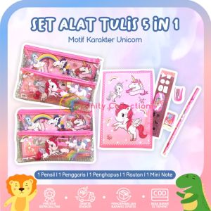 Zipper Pouch 5 in 1 Tempat Pensil Karakter Kartun Alat Tulis Set
