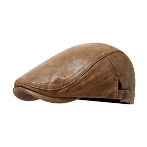 HUNIU PU Leather Leather Beret British Style Autumn Winter Newsboy Hat Gatsby Caps Adjustable Buckle Flat Cap Men Women