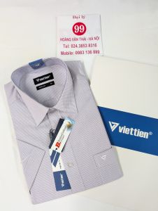 [Việt Tiến] Áo Sơ Mi Ngắn Tay Cao Cấp - Regular (Suông) - Vạt Bầu - Kẻ ô tăm ánh tím trên nền trắng