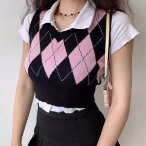 FRAN Retro Color Matching Rhombic Plaid Knitted Vest Women College Style V-Neck Sleeveless Top COD