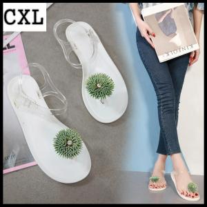CXL ยี่ห้อโรมันสไตล์โบฮีเมียนซัมเมอร์บีชเจลลี่แบนรองเท้าแตะนิ้วเท้าคลิปที่สวยงามสีเขียวหญ้ามุกฝังสีขาวสีดำรองเท้าสำหรับผู้หญิง (35-40 ขนาด)