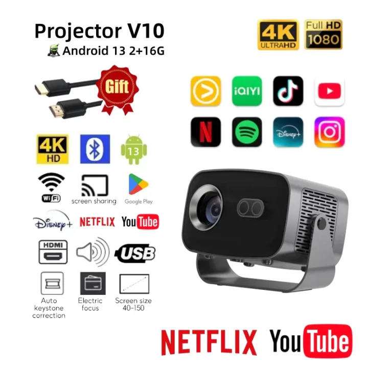 smart projector v10 12000 lumens 1080P/4k with android 13 2+16G electric focus auto keystone for home movie/gaming