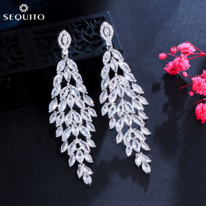 SEQUITO Sparkling Leaf Cut AAA CZ Diamond Bridal Long Tassel Dangle Wedding Banquet Earrings Jewelry for Women Engagement Accessories SE542