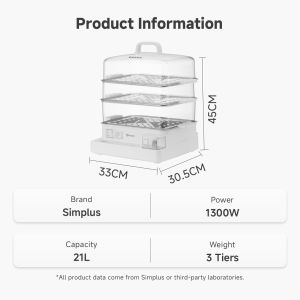 Simplus Electric Food Steamer 3-Tier 21L Capacity 1300W Power 24hrs Reservation Stainless Steel Trays DZEG005