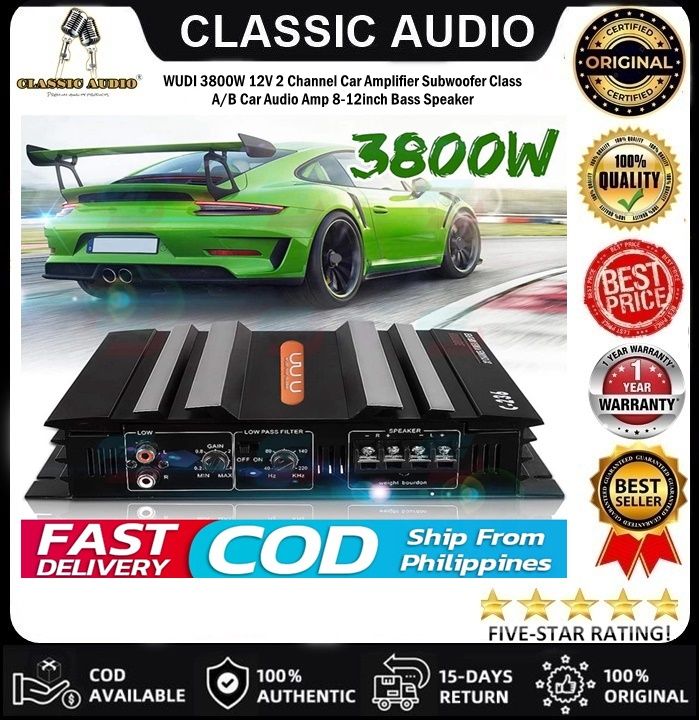 WUDI 3800W 12V Channel Car Amplifier Subwoofer Class A/B Car Audio Amp  8-12inch Bass Speaker Lazada PH