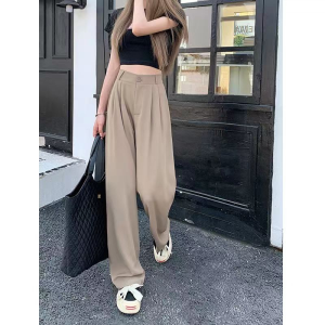 Temperament Korean High Women Waisted Long Pants  Daily Loose Elastic Waist Wide Leg Pants