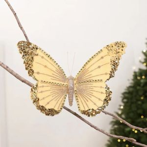 Sacesr Flocked Velvet Christmas Butterfly Ornament Glitter Handmade Xmas Sequin Faux Butterfly Soft Fluff Realistic R7Q2P