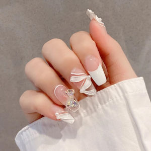 【FREE SHIPPING FREE GLUE】24PCS White Fake Nails Set With Glue French Nail Art Wedding Acrylic False Finger Nail