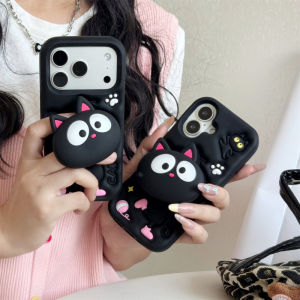 3D telescopic stand cute black cat silicone phone case for iPhone 17 16 15 14 13 Pro Max Soft silicone cover