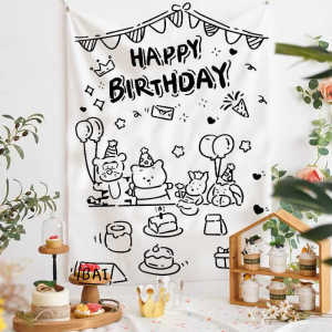 HAPPY BIRTHDAY ผ้าพื้นหลังวันเกิดน่ารัก ฉากปาร์ตี้ ตกแต่งภาพถ่าย ผ้าผนัง