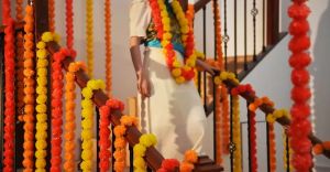 150CM Marigold Diwali Decoration Indian-style Leaf Bell Combination Flower String Wedding Deepavali Festival Decoration
